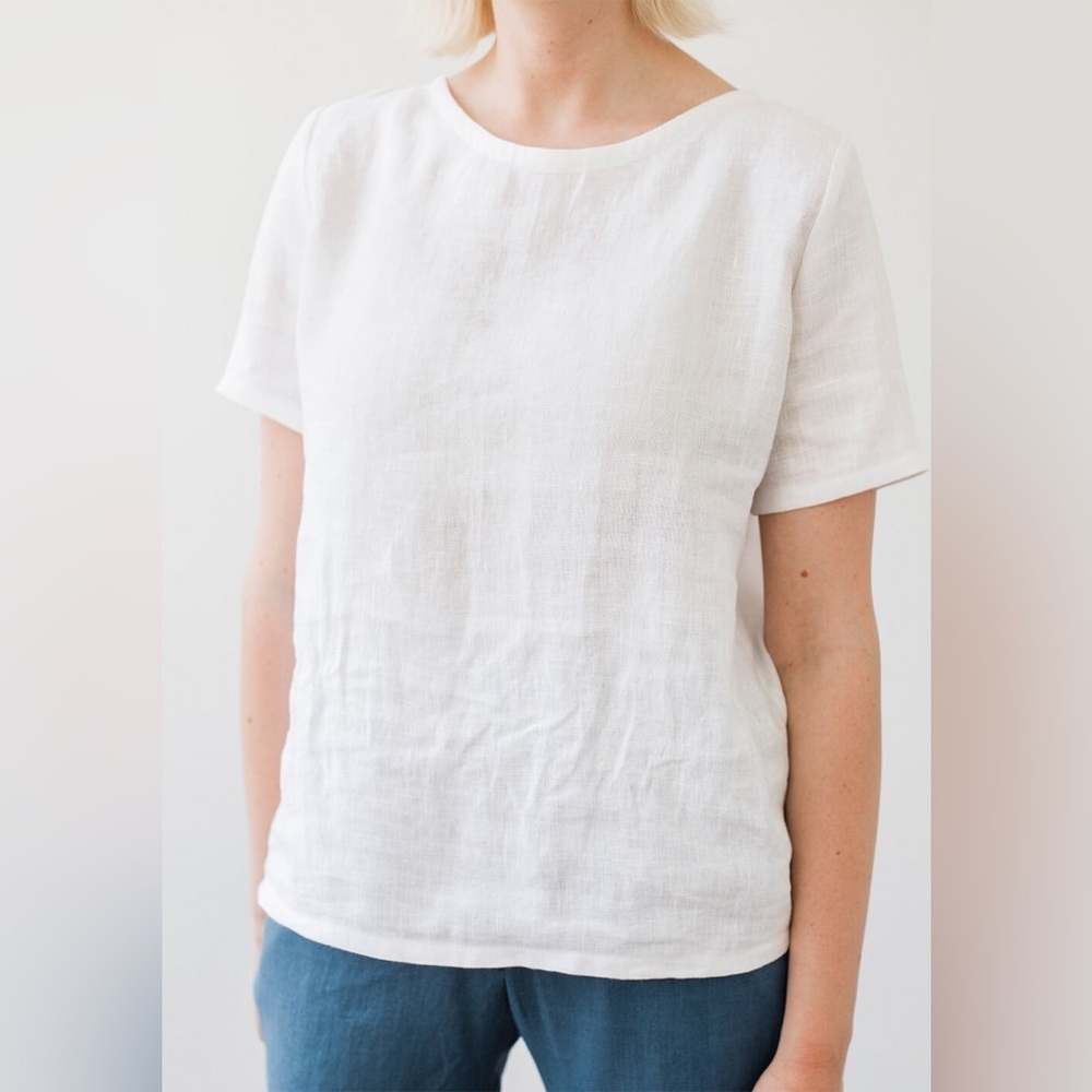 NWT Linen Handmade Studio Yuna Short Sleeves Top in Beige - Picture 3 of 4